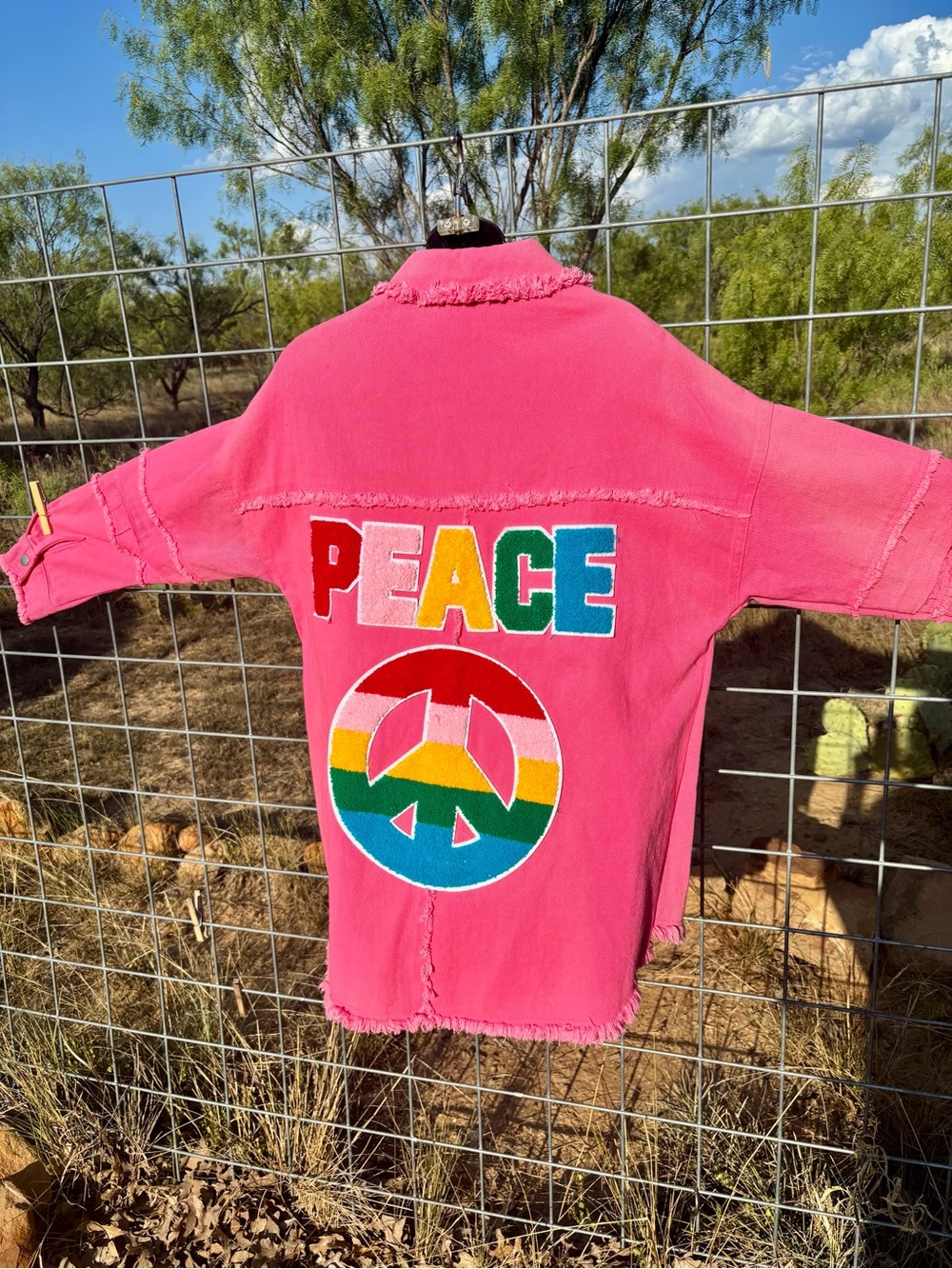 Hot Pink Frayed 'PEACE’ Denim Jacket - Picture 1 of 5